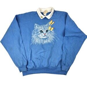 Vintage 90s Top Stitch Sweatshirt Collared Kitten butterfly Grannycore XXL